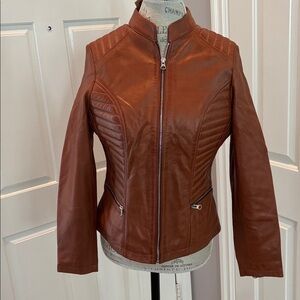 Caramel Brown Soft Leather Fitted Jacket with Zipper Details